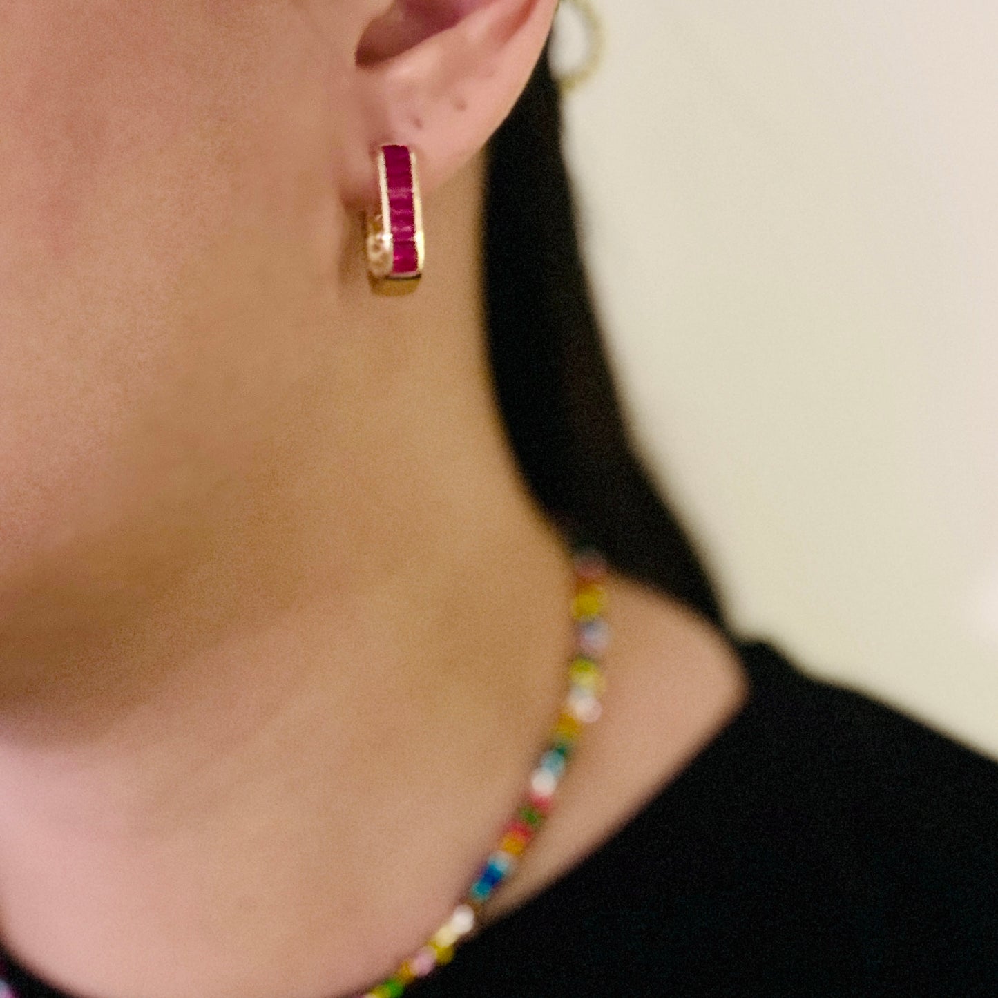 Fuchsia Gem Ear Hoops | 14k Gold Plating